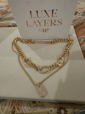 BP DOG TAG, Gold-Tone Layered Necklace with Pave Pendant